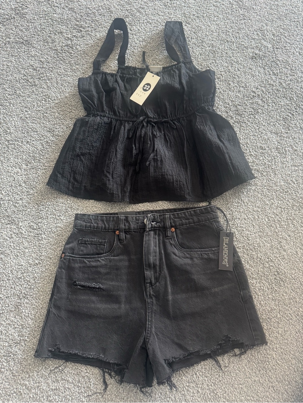 Blank NYC black denim shorts and black peplum tank top